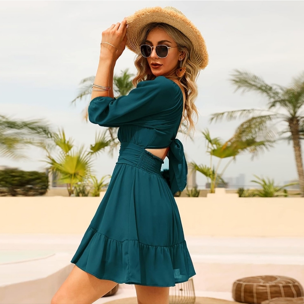 NWT Women's Peacock Blue Boho Ruffle Dress Long Lantern Sleeves Size S - Picture 3 of 15